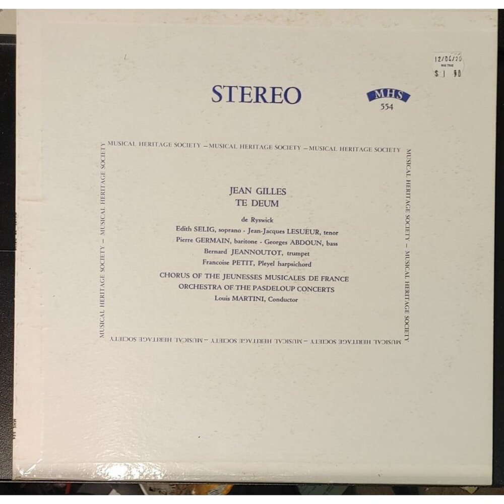 Vintage Vinyl Record " Jean Gilles - Te Deum " Stereo MHS 554